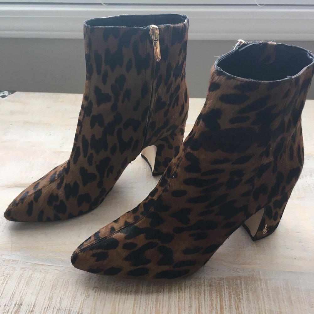 Sam Edelman Hilty Calf Hair Bootie Leopard Heeled Leather Boots size 8M-VGUC